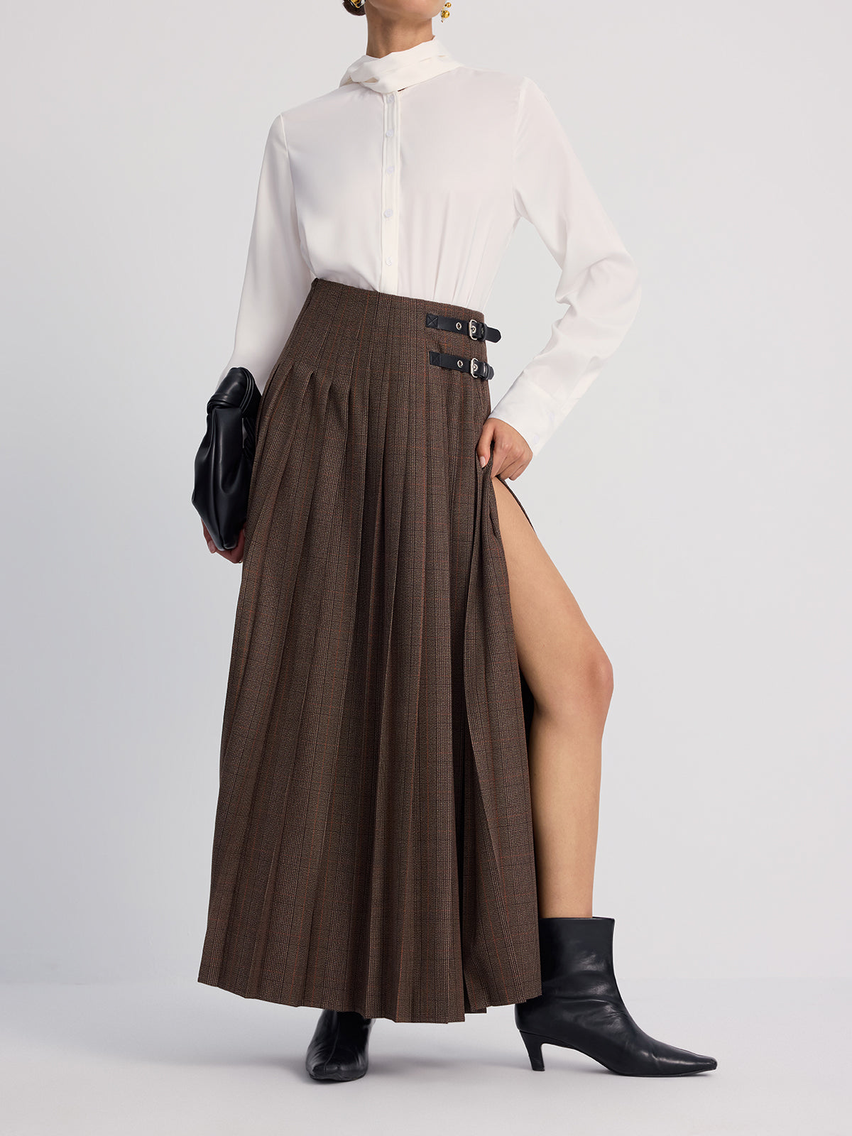 Leather-Buckle Pleated Plaid Maxi Skirt