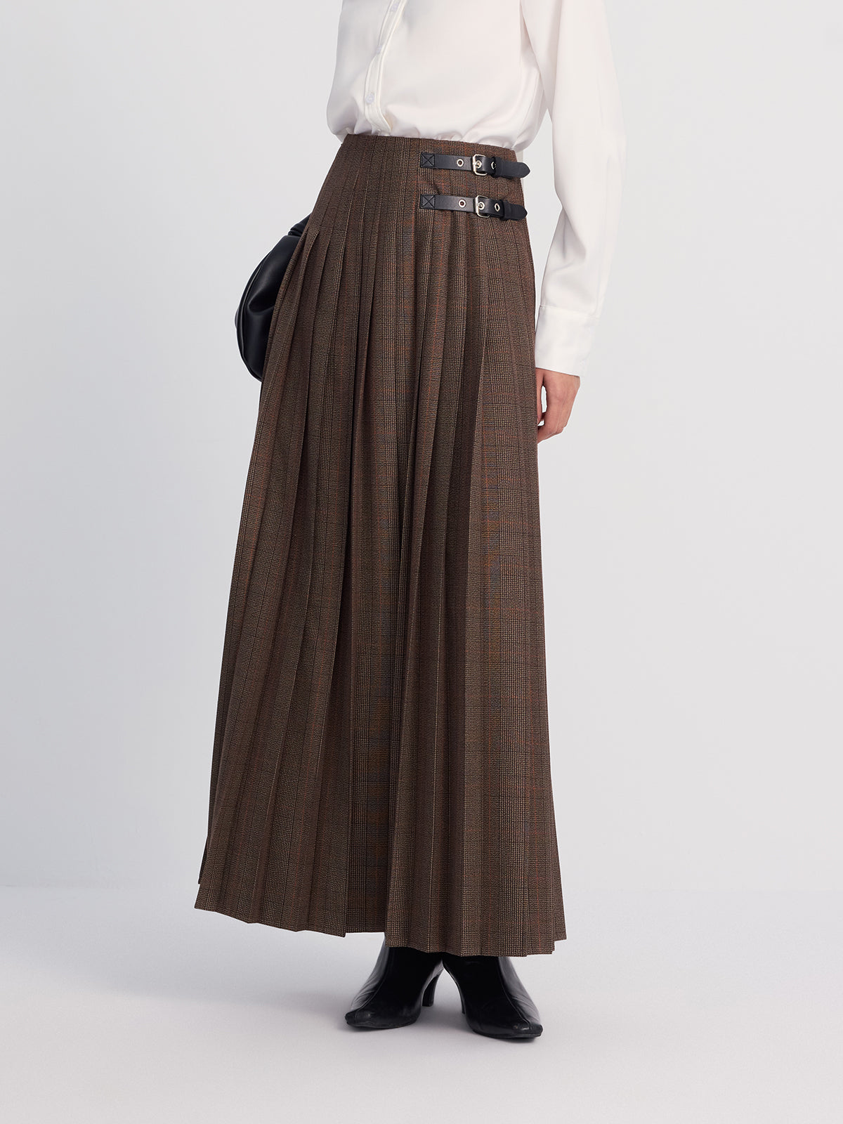 Leather-Buckle Pleated Plaid Maxi Skirt