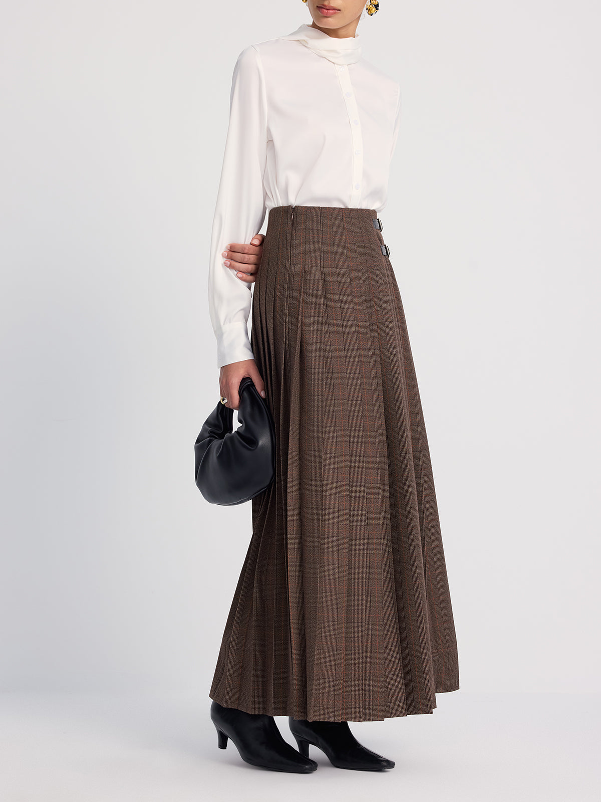 Leather-Buckle Pleated Plaid Maxi Skirt