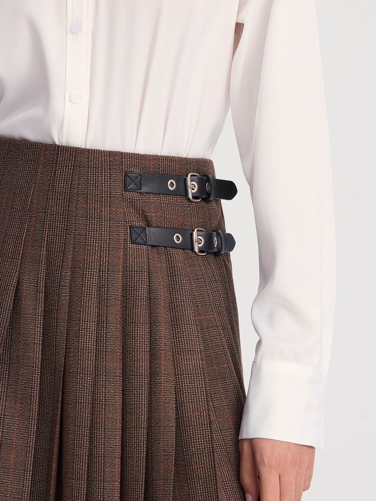 Leather-Buckle Pleated Plaid Maxi Skirt