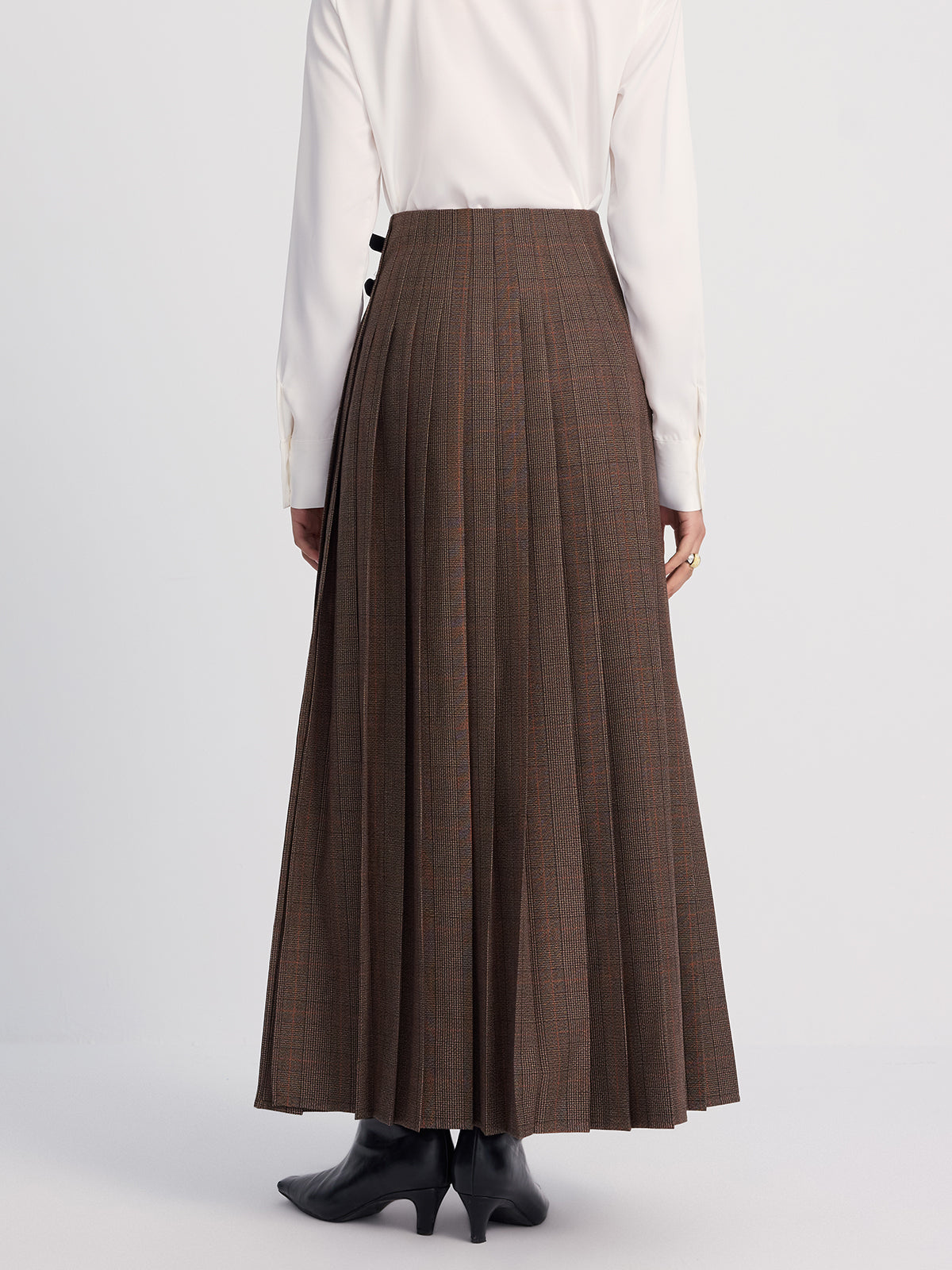 Leather-Buckle Pleated Plaid Maxi Skirt