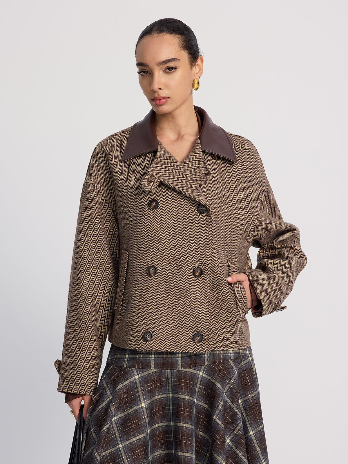Wool-Blend Herringbone Jacket with Leather Collar