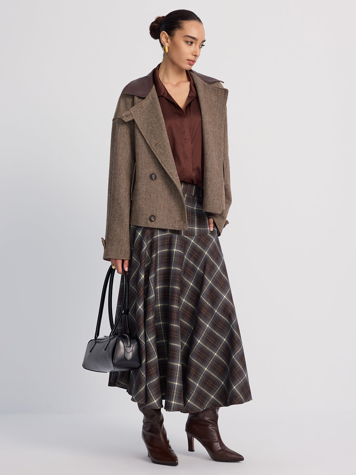 Wool-Blend Herringbone Jacket with Leather Collar