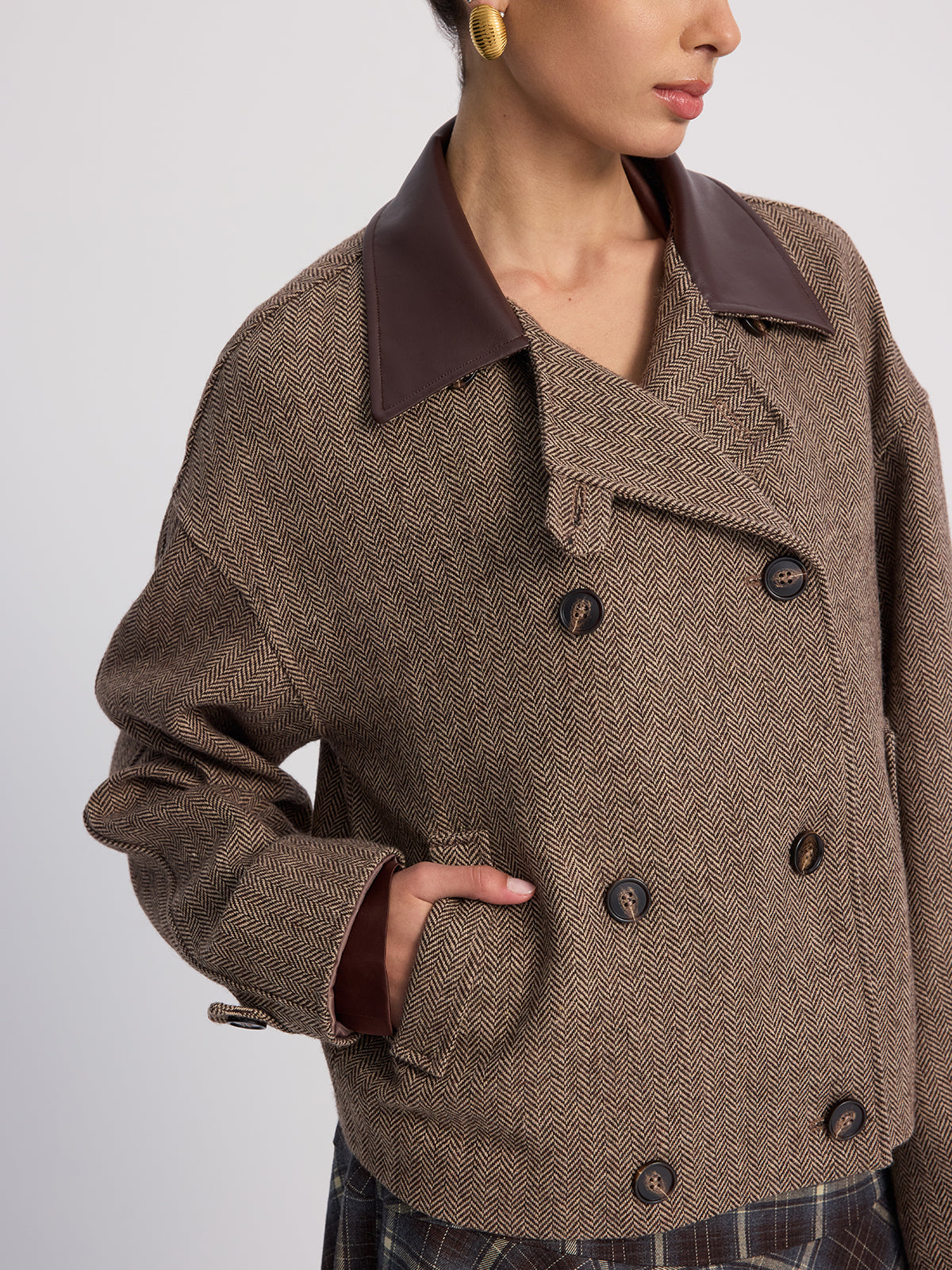 Wool-Blend Herringbone Jacket with Leather Collar