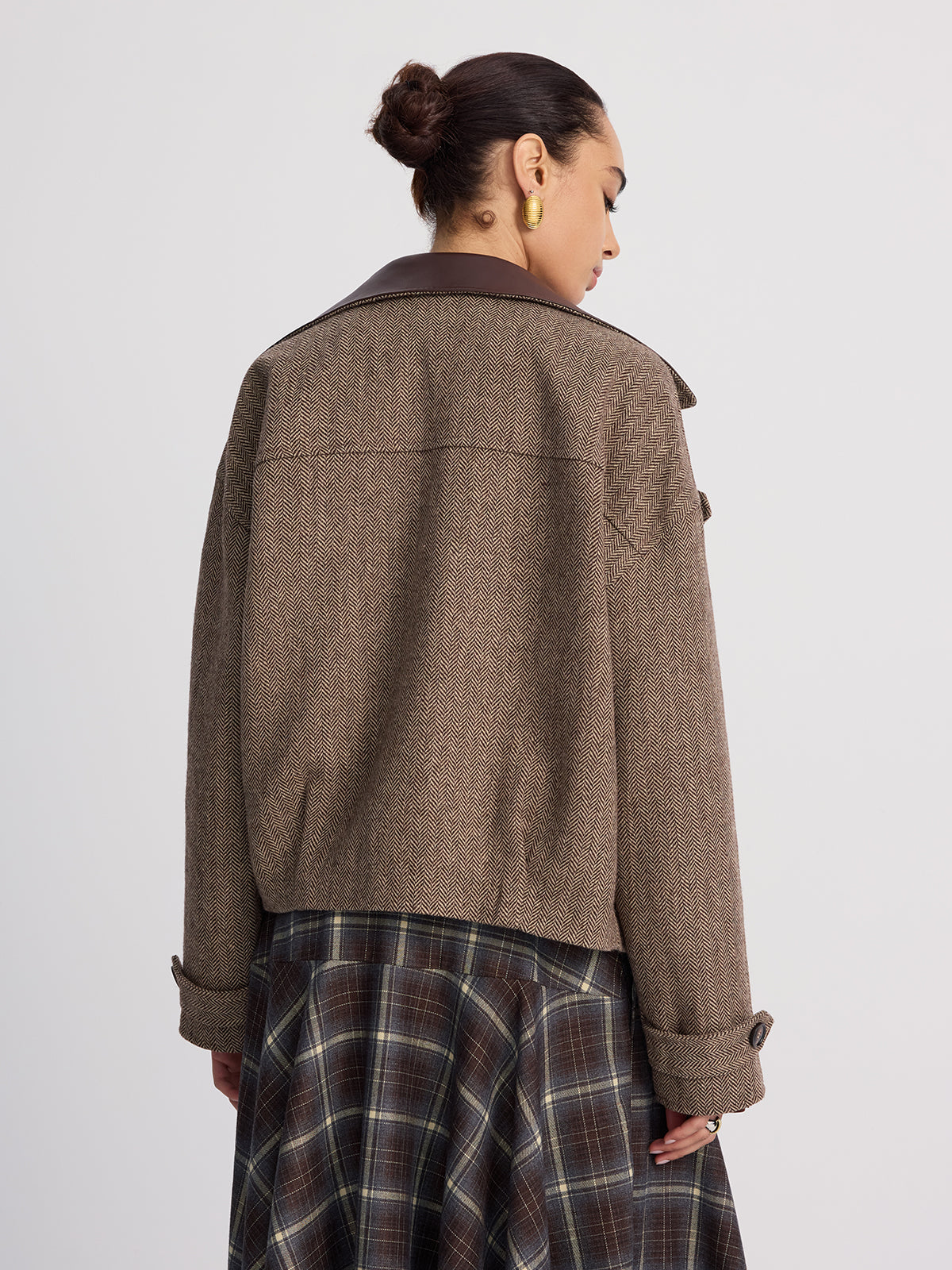 Veste à chevrons en mélange de laine et col en cuir