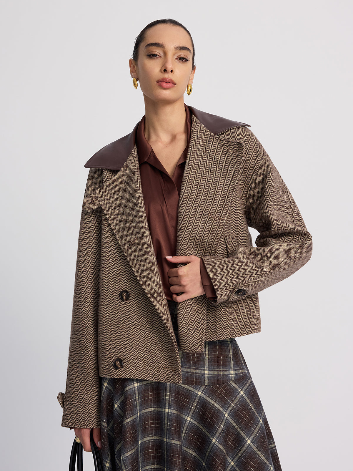 Wool-Blend Herringbone Jacket with Leather Collar