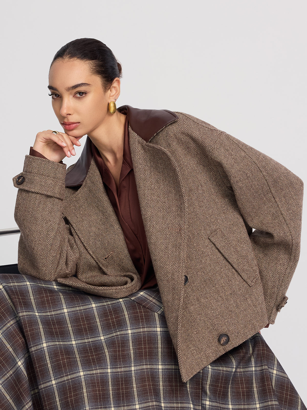 Wool-Blend Herringbone Jacket with Leather Collar
