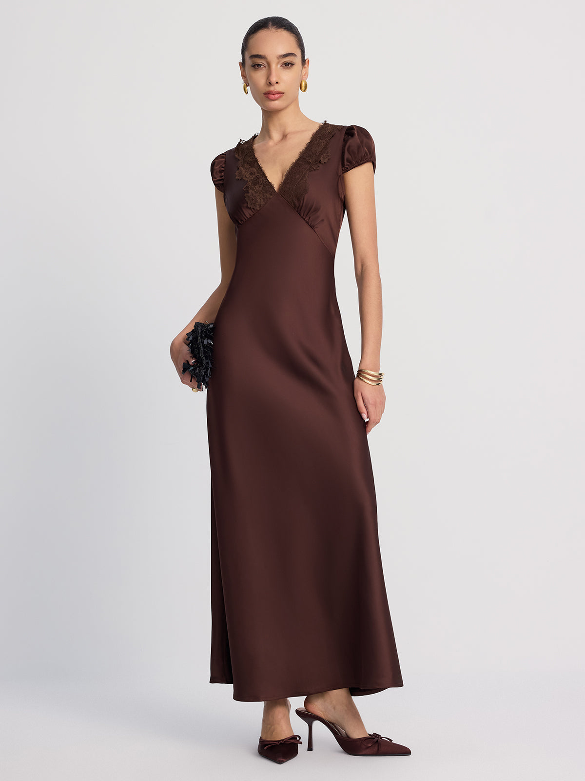Lace-Trimmed Satin V-Neck Maxi Dress