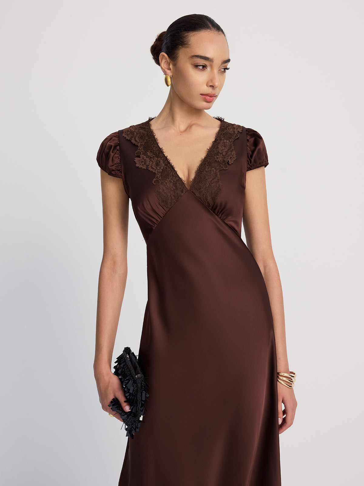 Lace-Trimmed Satin V-Neck Maxi Dress