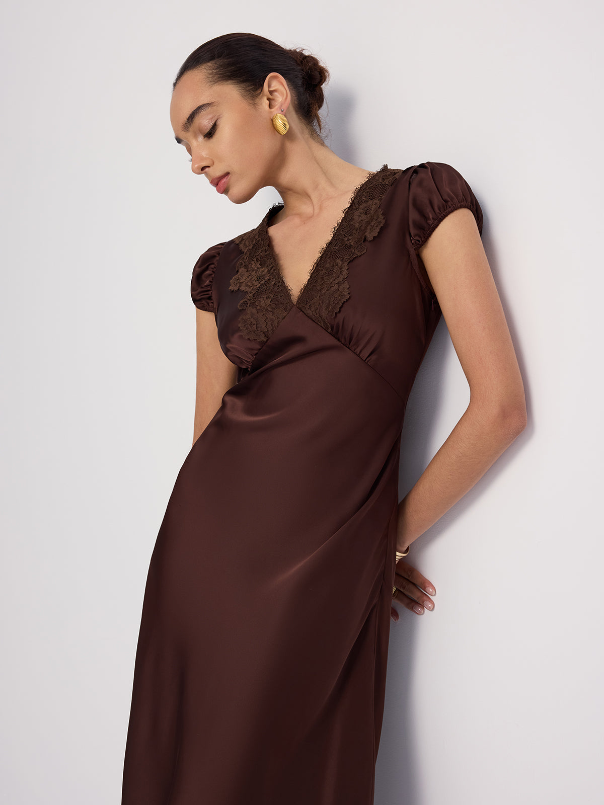Lace-Trimmed Satin V-Neck Maxi Dress