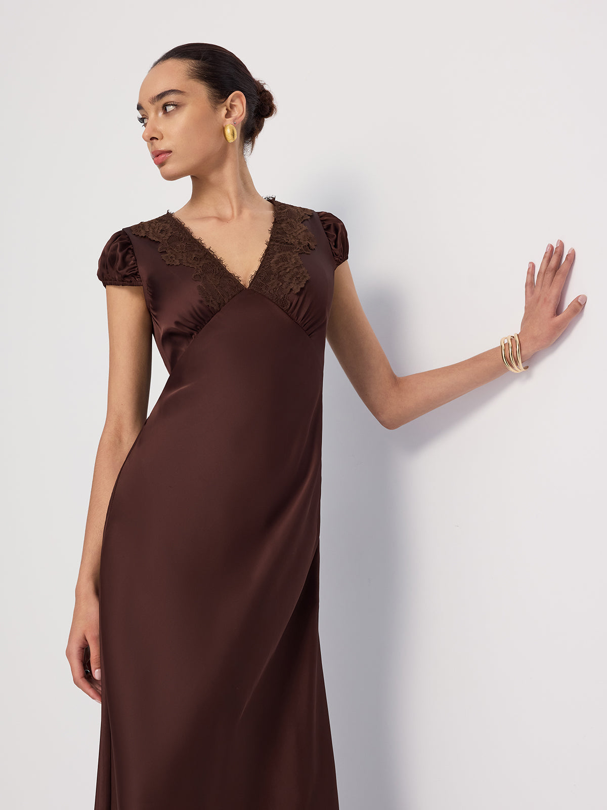 Lace-Trimmed Satin V-Neck Maxi Dress