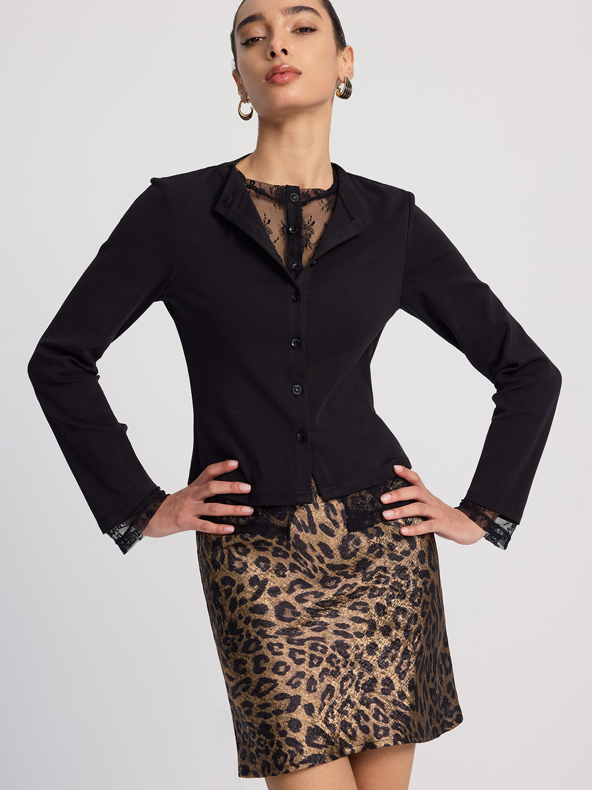 Lace-Inset Button Blazer