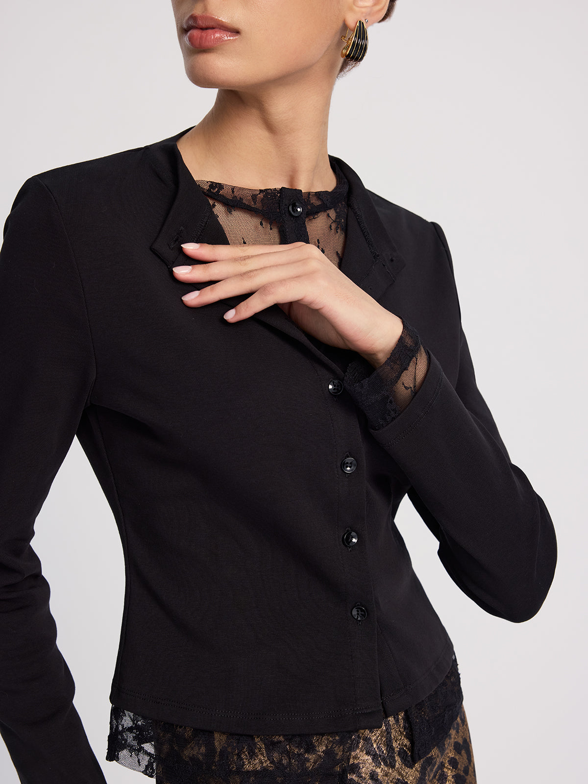 Lace-Inset Button Blazer