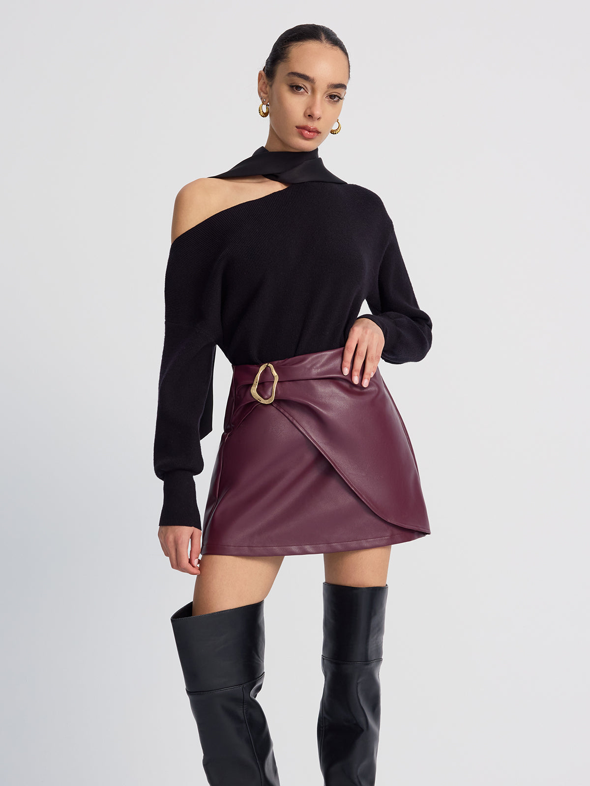 Metal-Detailed Faux Leather Wrap Mini Skirt