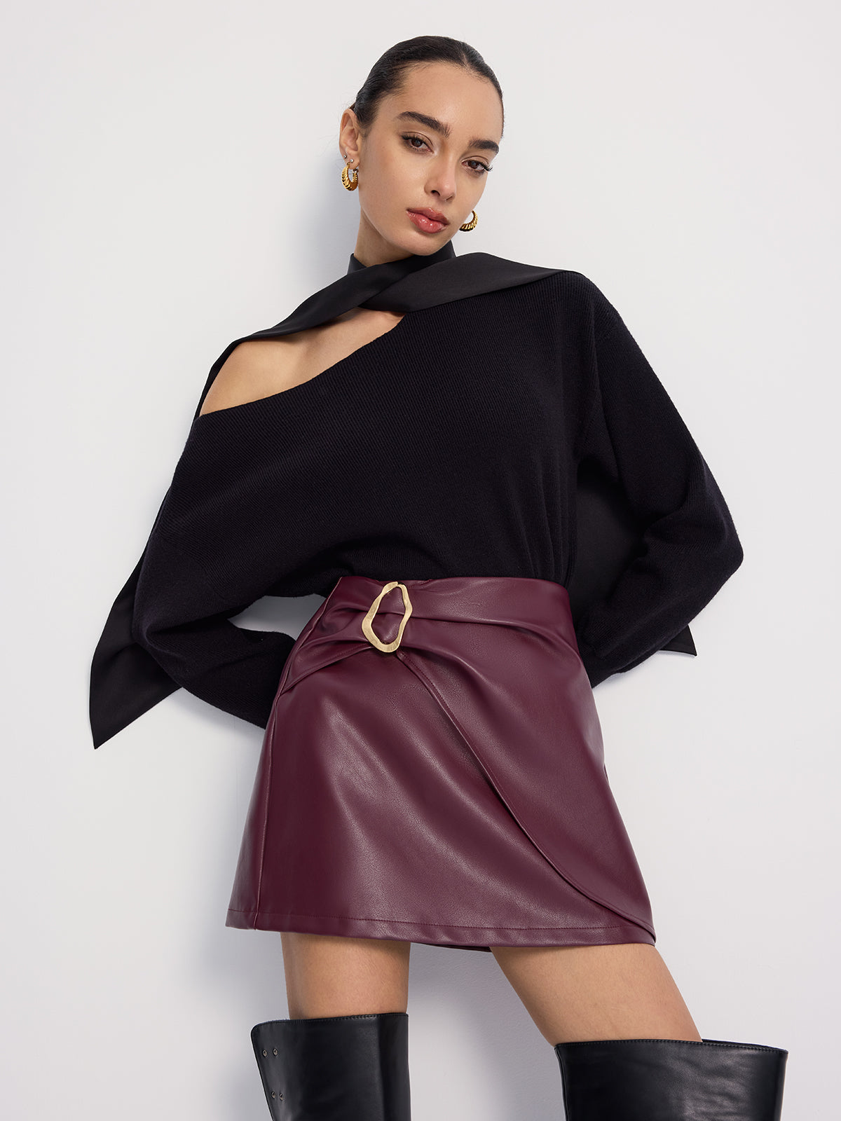 Metal-Detailed Faux Leather Wrap Mini Skirt