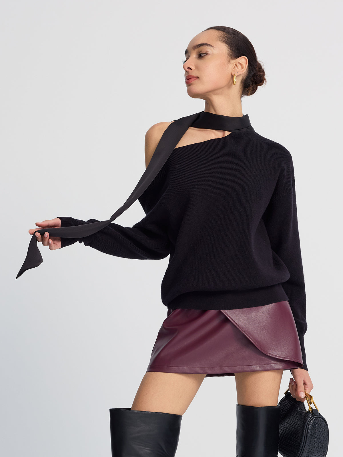 Tie-Detail Cold-Shoulder Knit Sweater