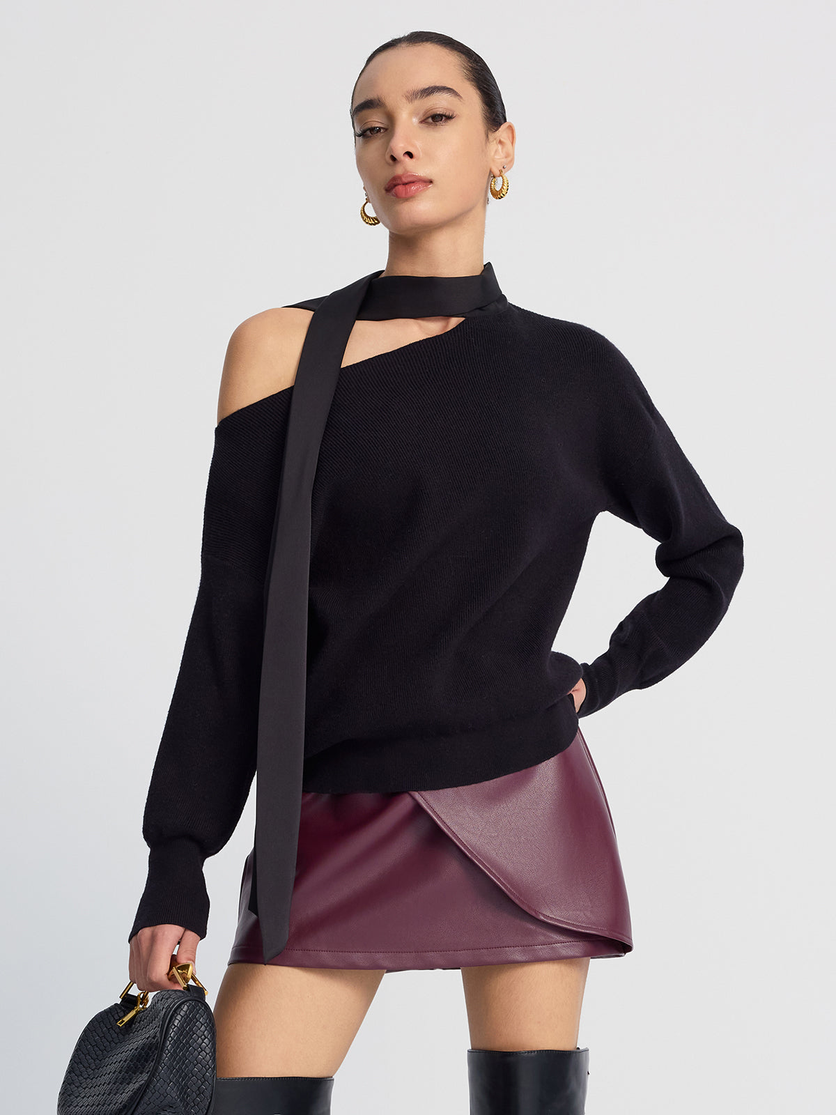 Tie-Detail Cold-Shoulder Knit Sweater