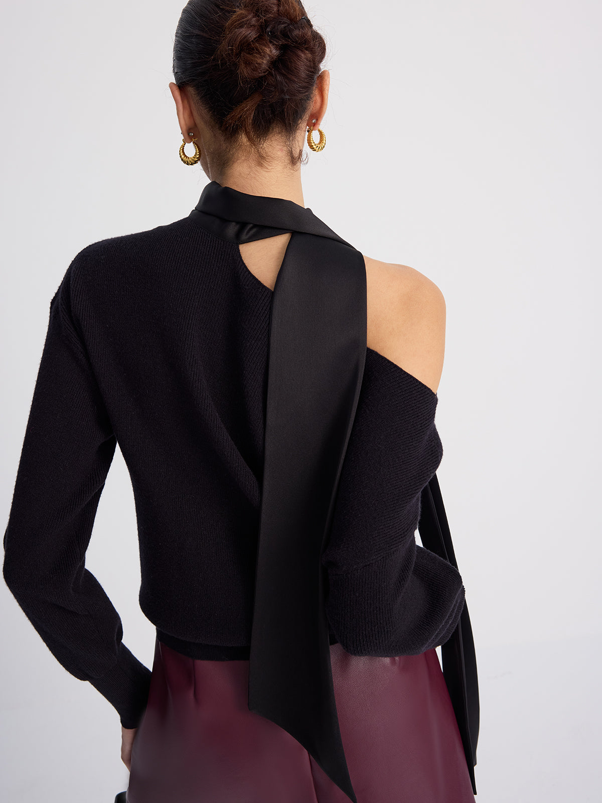 Tie-Detail Cold-Shoulder Knit Sweater