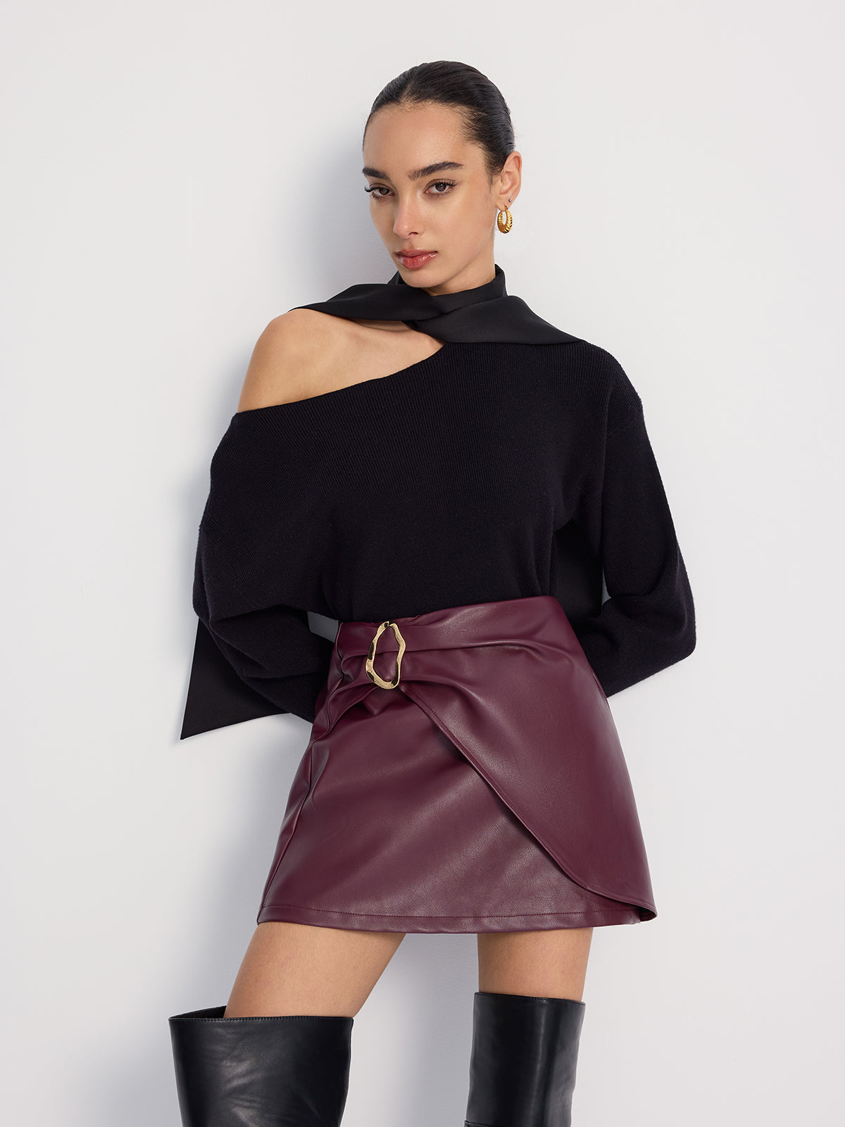 Tie-Detail Cold-Shoulder Knit Sweater