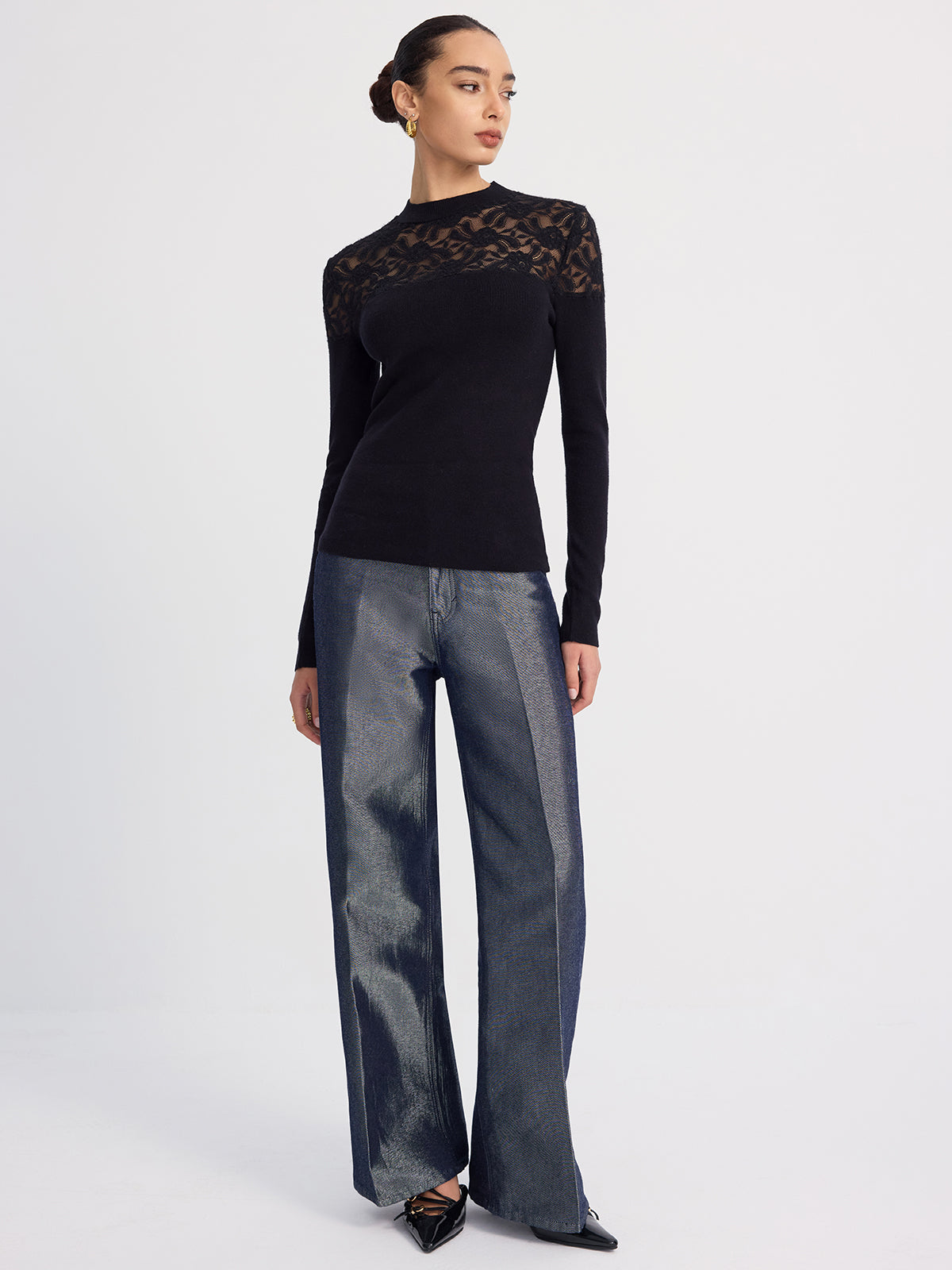 Sheer-Lace Paneled Knit Sweater