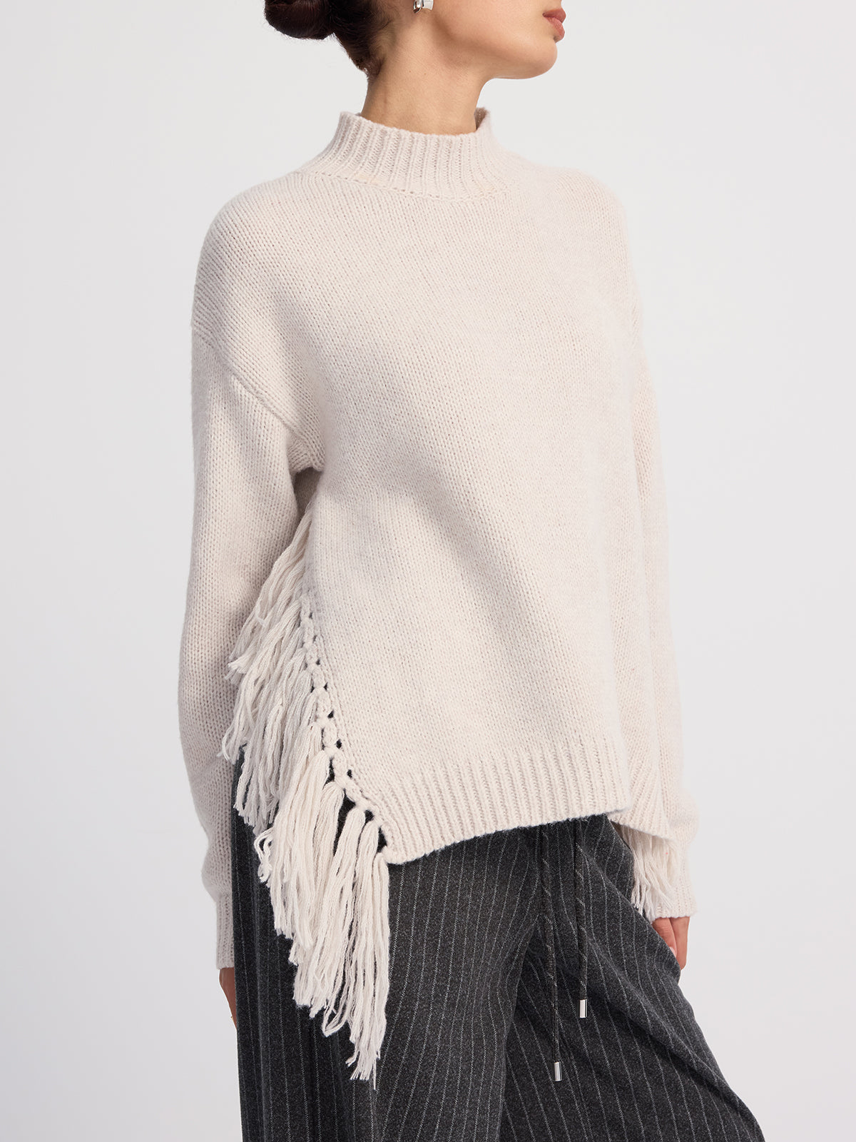 Oversized Fringe Mock-Neck Sweater