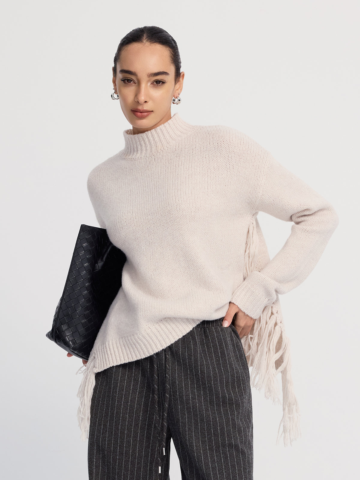 Oversized Fringe Mock-Neck Sweater