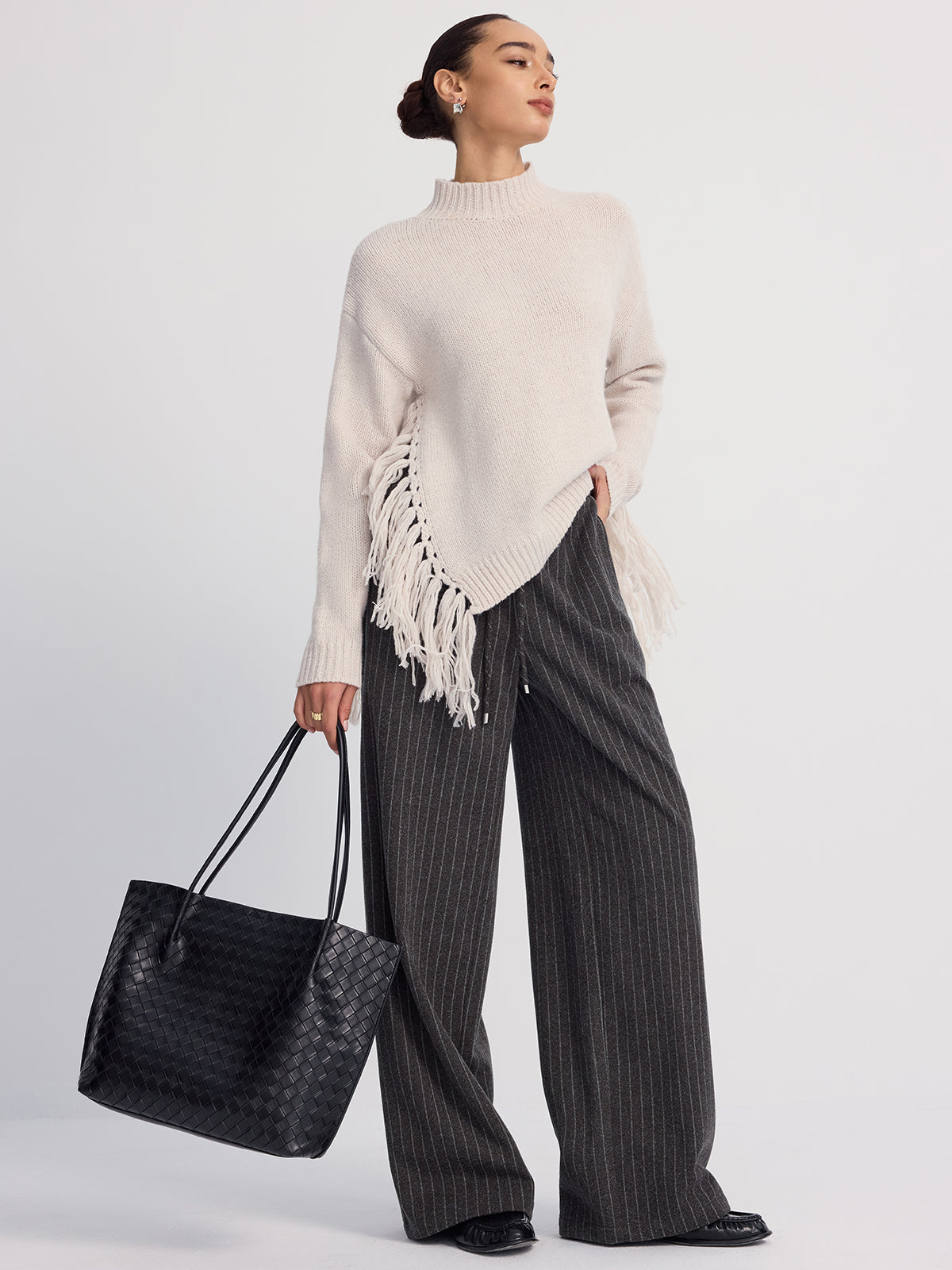 Oversized Fringe Mock-Neck Sweater