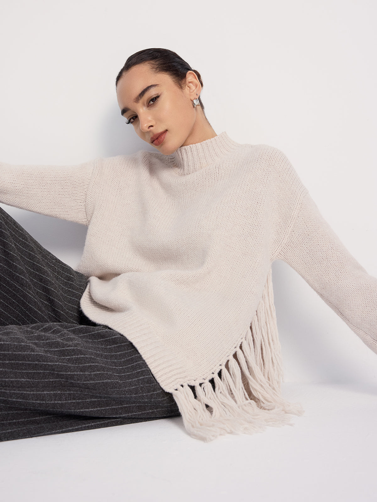 Oversized Fringe Mock-Neck Sweater