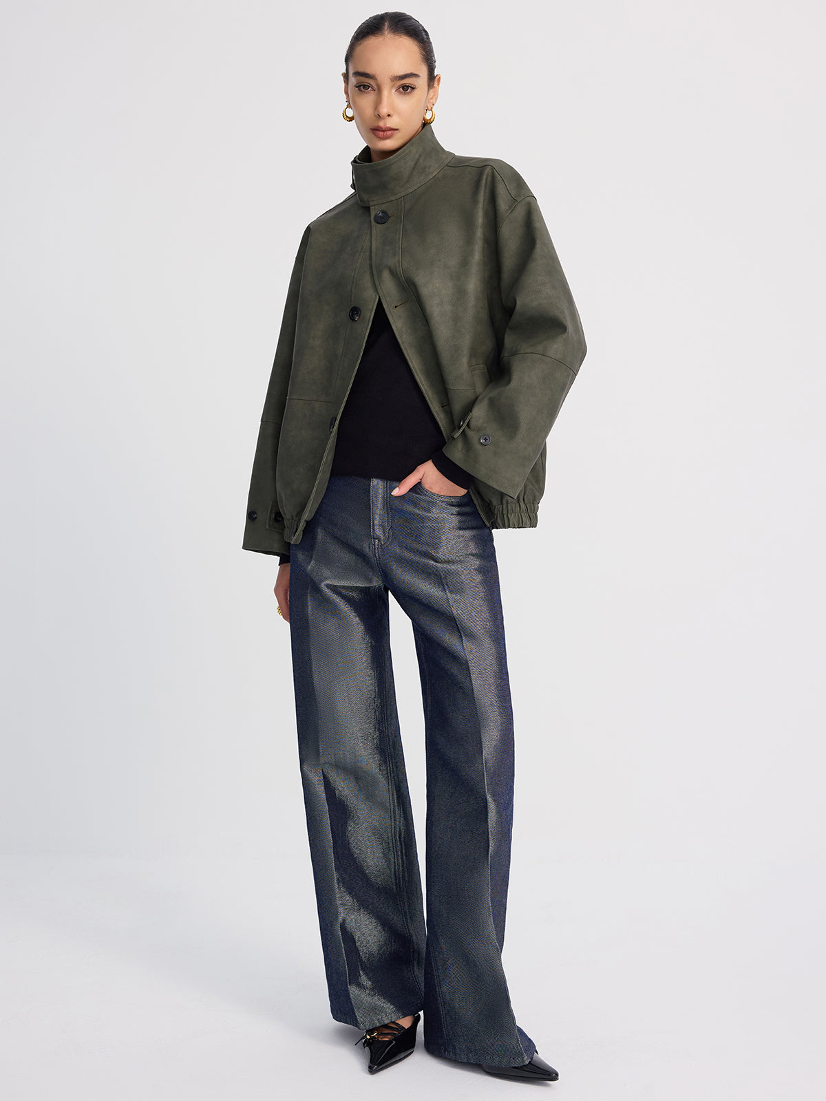 Stand-Collar Oversized Faux Suede Jacket