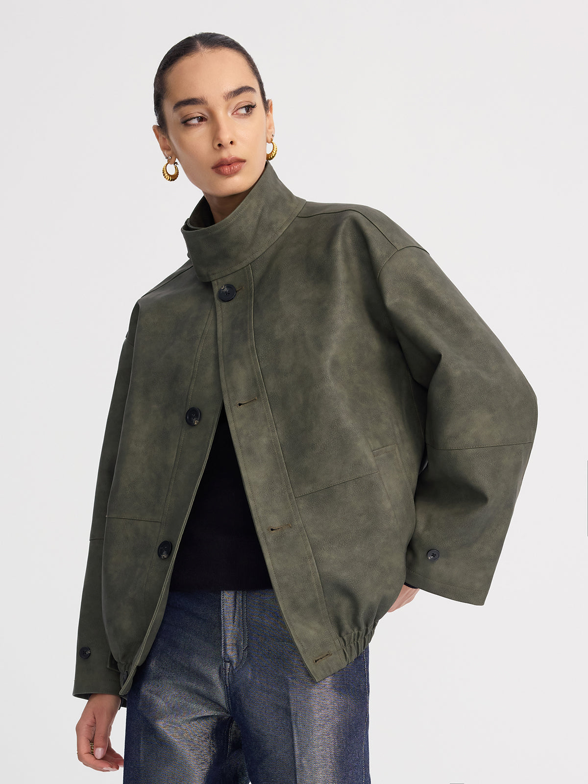Stand-Collar Oversized Faux Suede Jacket