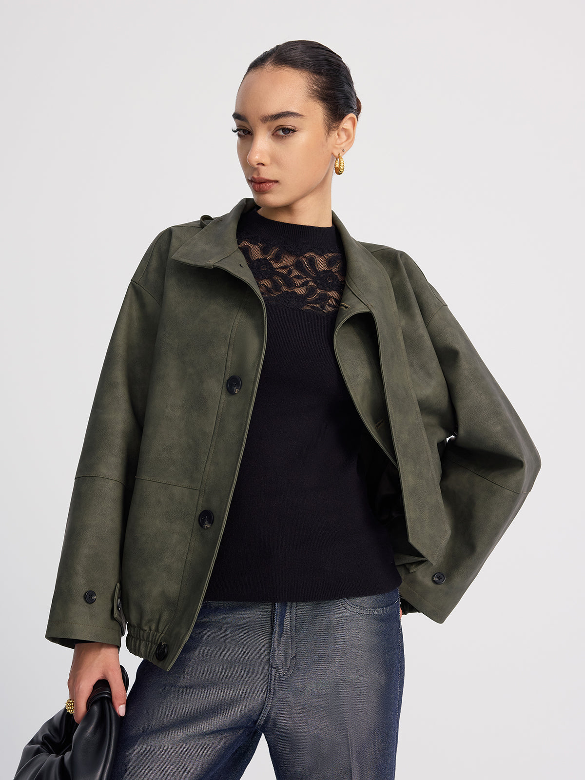 Stand-Collar Oversized Faux Suede Jacket