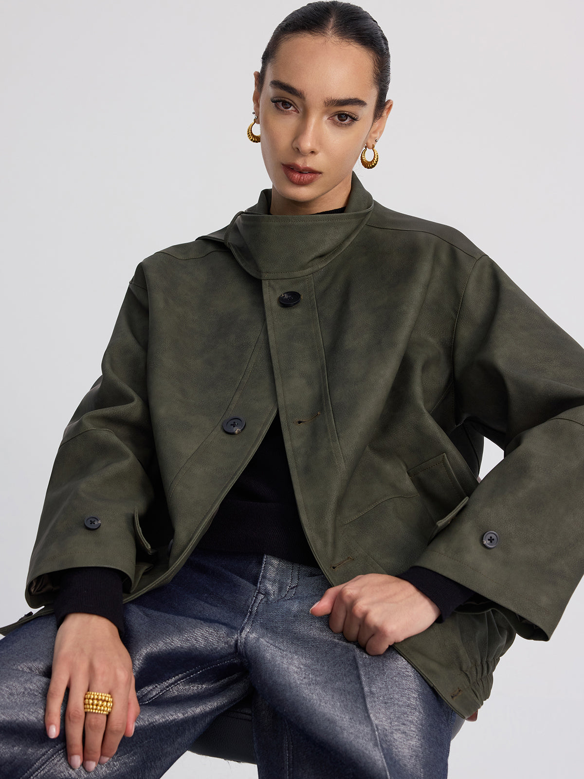 Stand-Collar Oversized Faux Suede Jacket