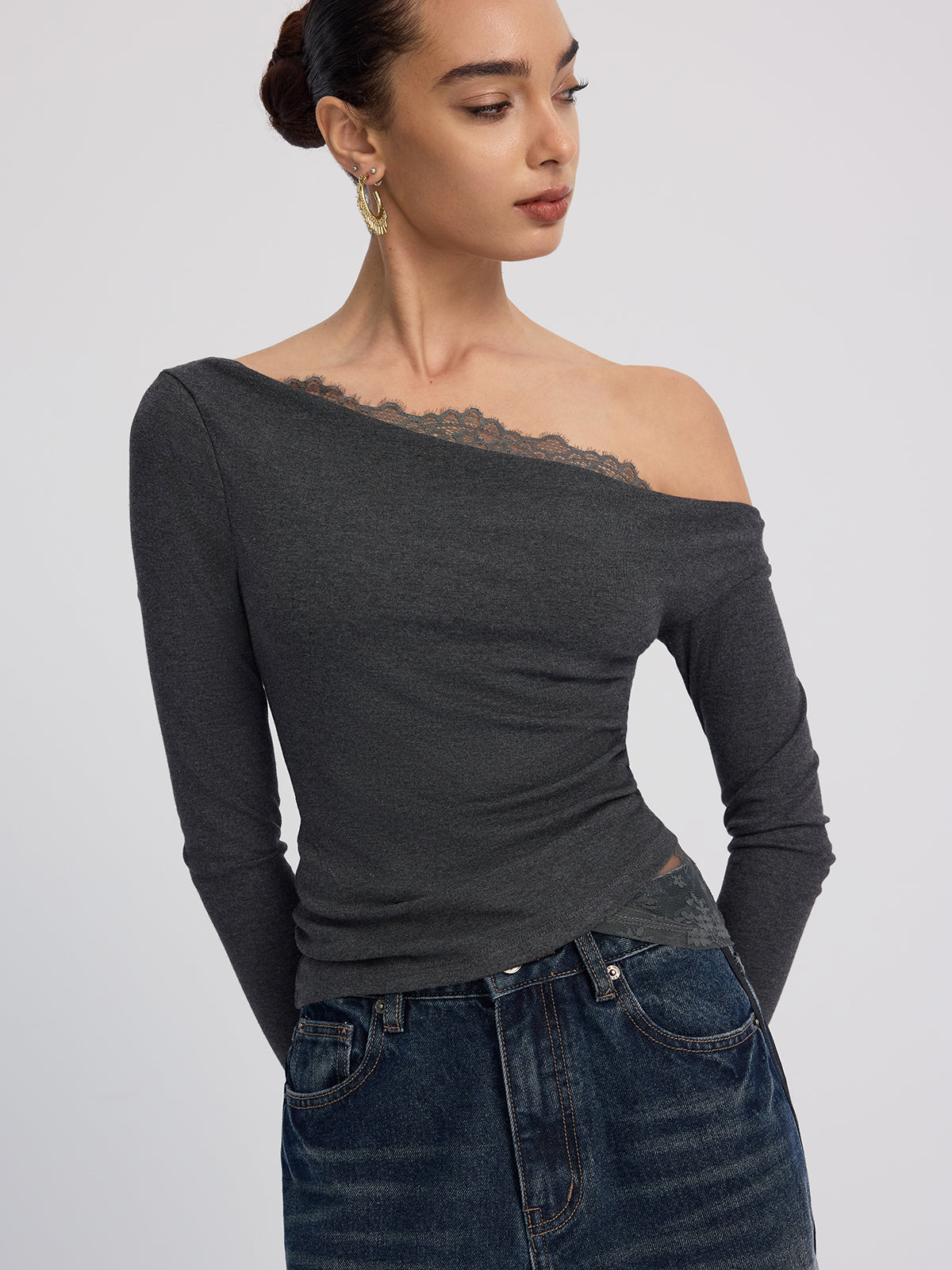 Off-Shoulder Lace-Trim Long-Sleeve Top