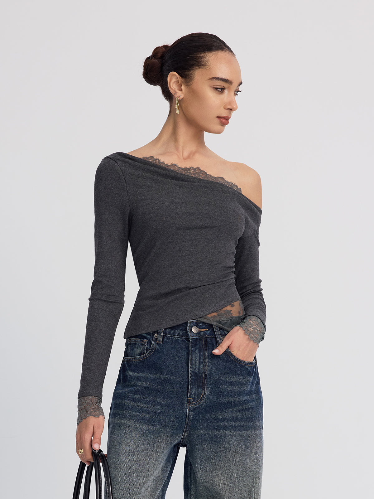 Off-Shoulder Lace-Trim Long-Sleeve Top