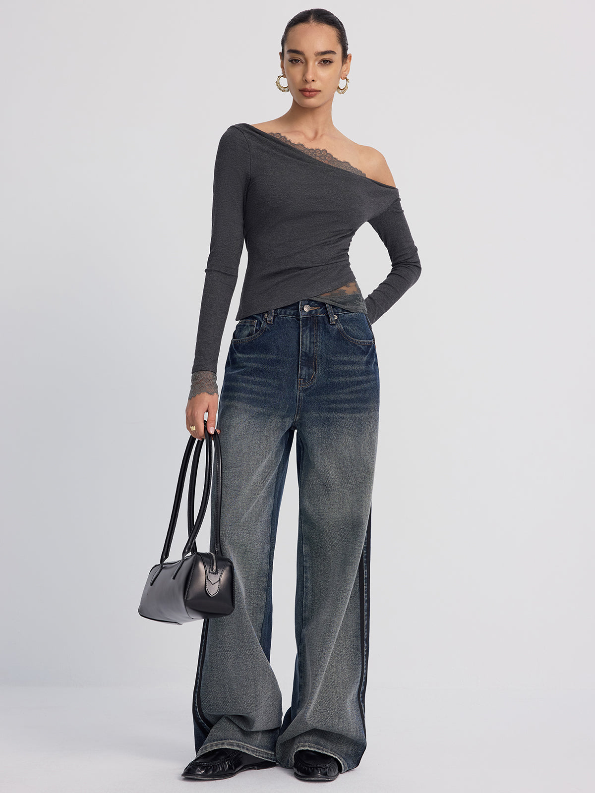 Off-Shoulder Lace-Trim Long-Sleeve Top
