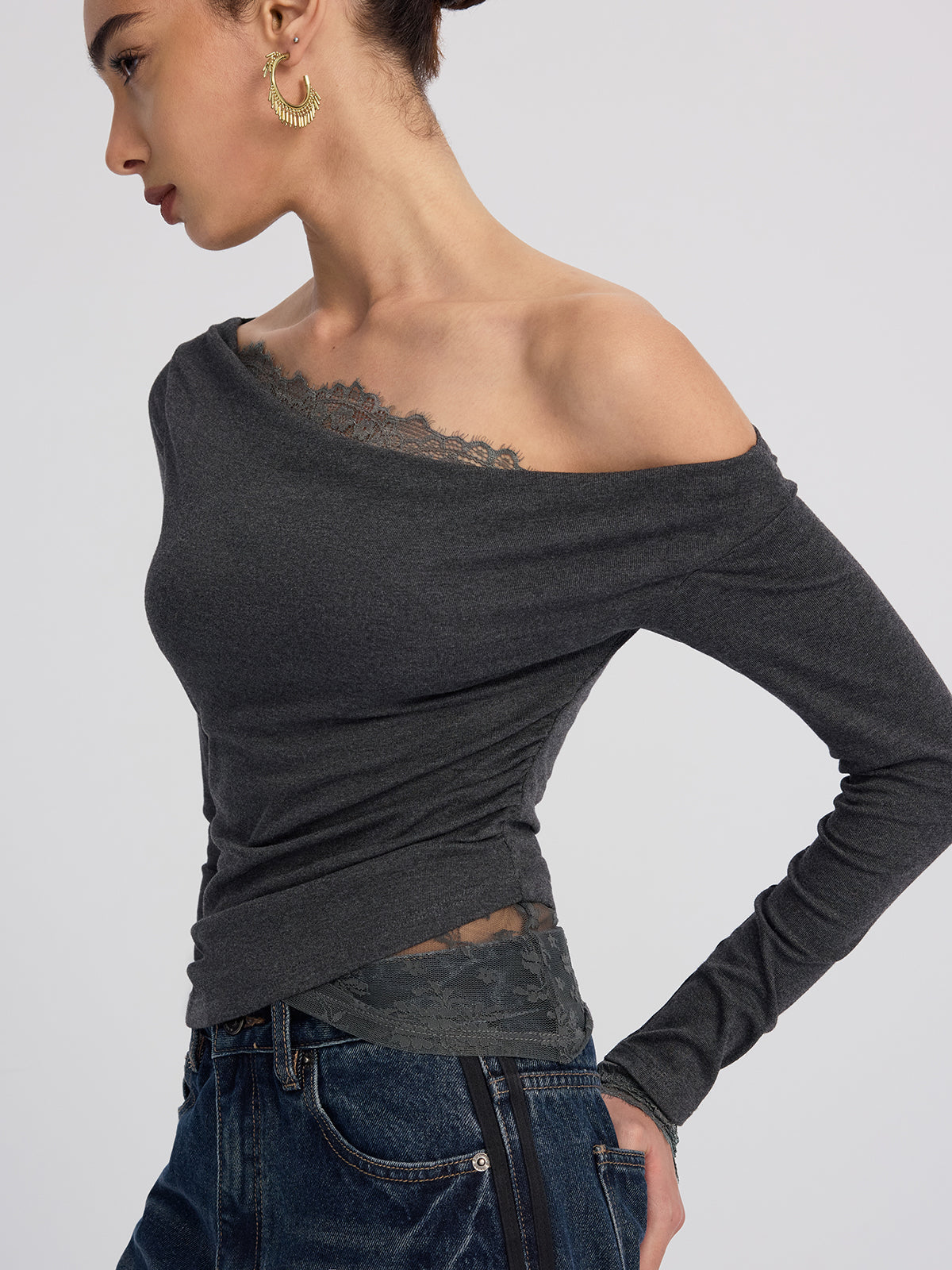 Off-Shoulder Lace-Trim Long-Sleeve Top