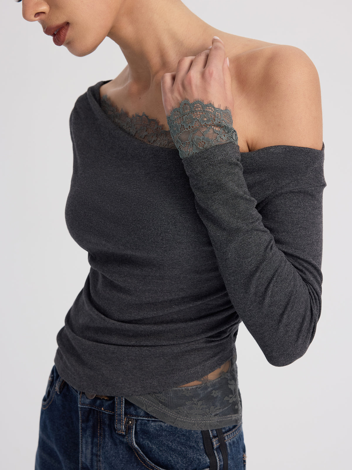 Off-Shoulder Lace-Trim Long-Sleeve Top