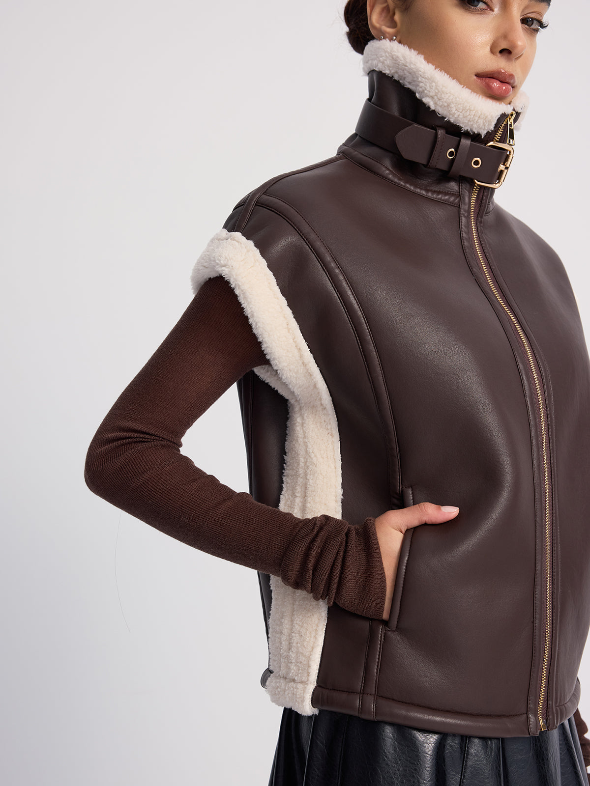 Shearling-Trimmed Faux Leather Sleeveless Vest