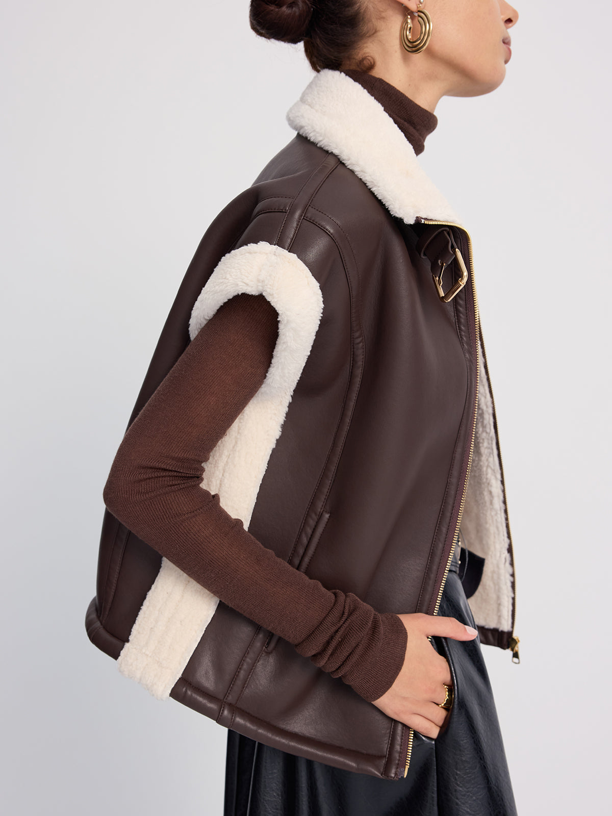 Shearling-Trimmed Faux Leather Sleeveless Vest
