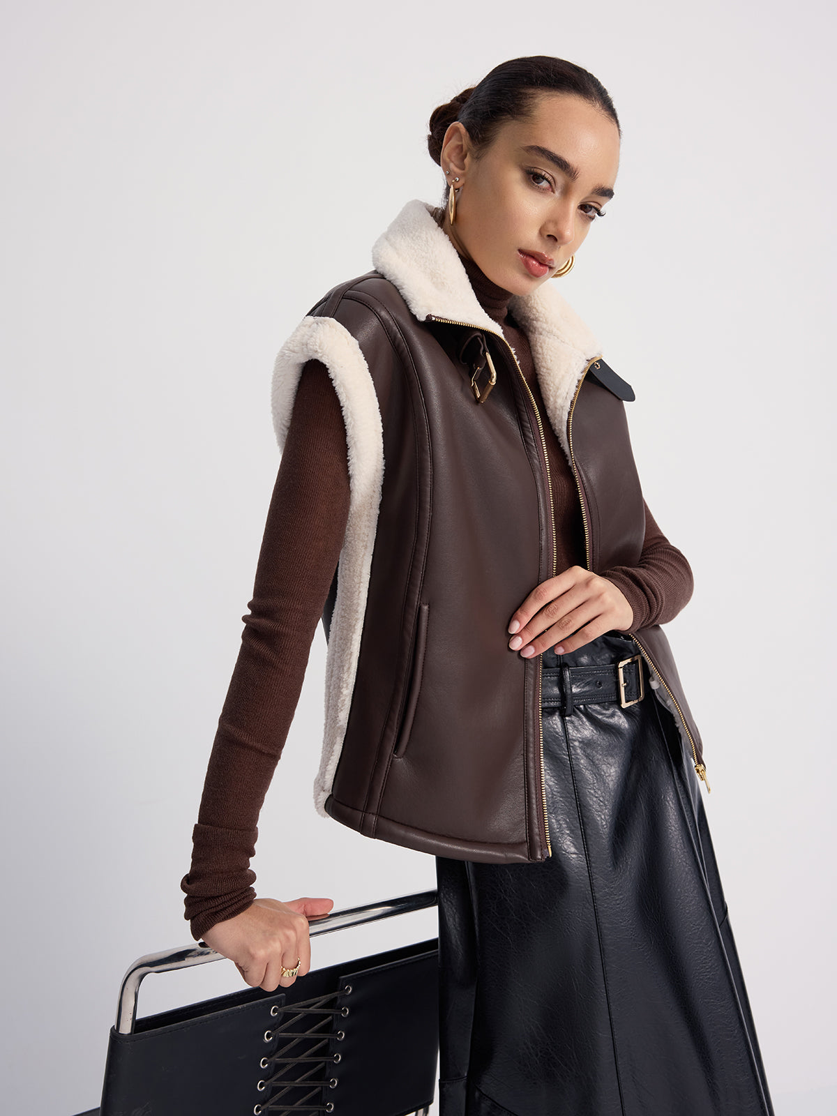 Shearling-Trimmed Faux Leather Sleeveless Vest