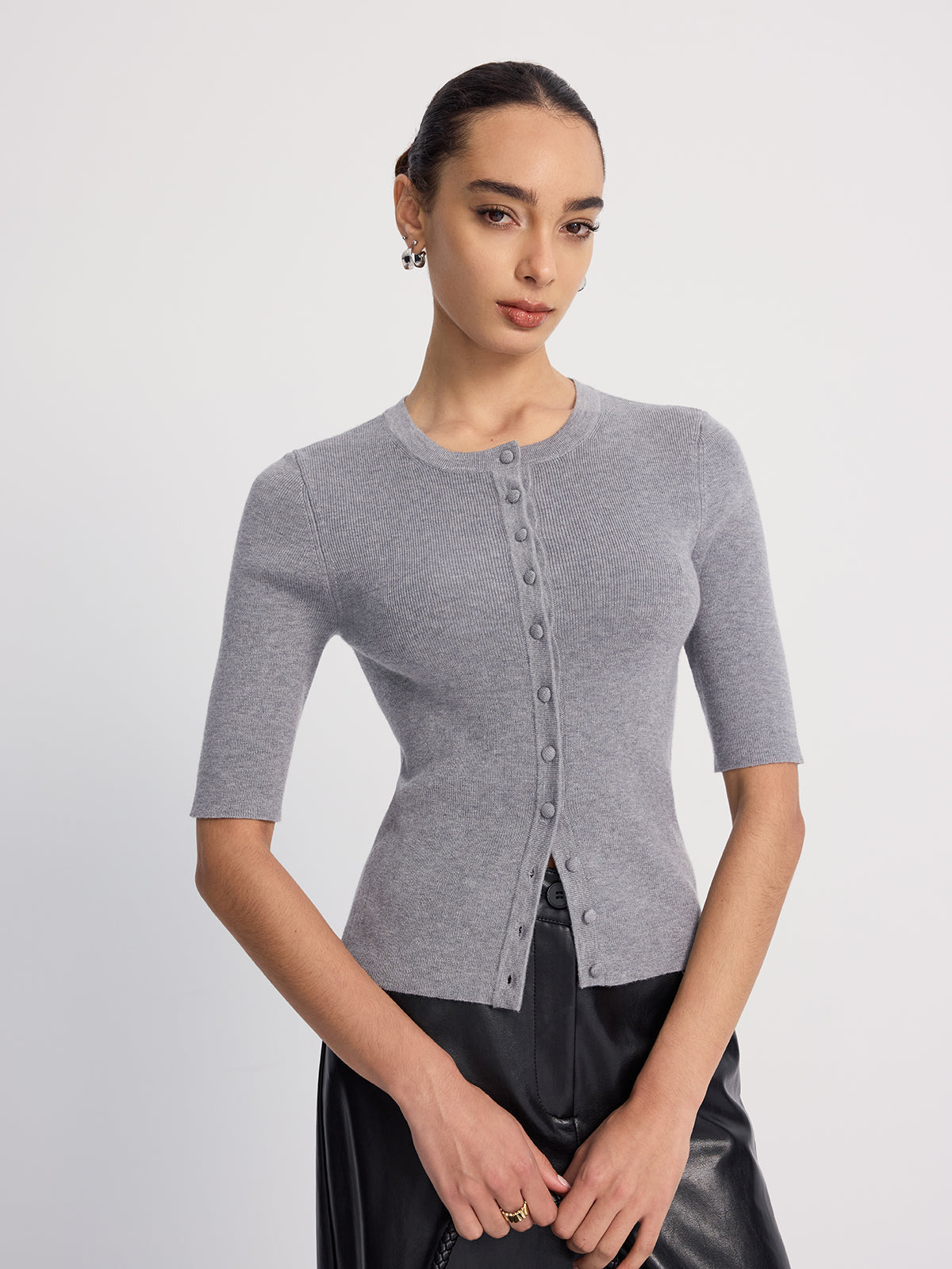 Ribbed Half-Sleeve Knit Top