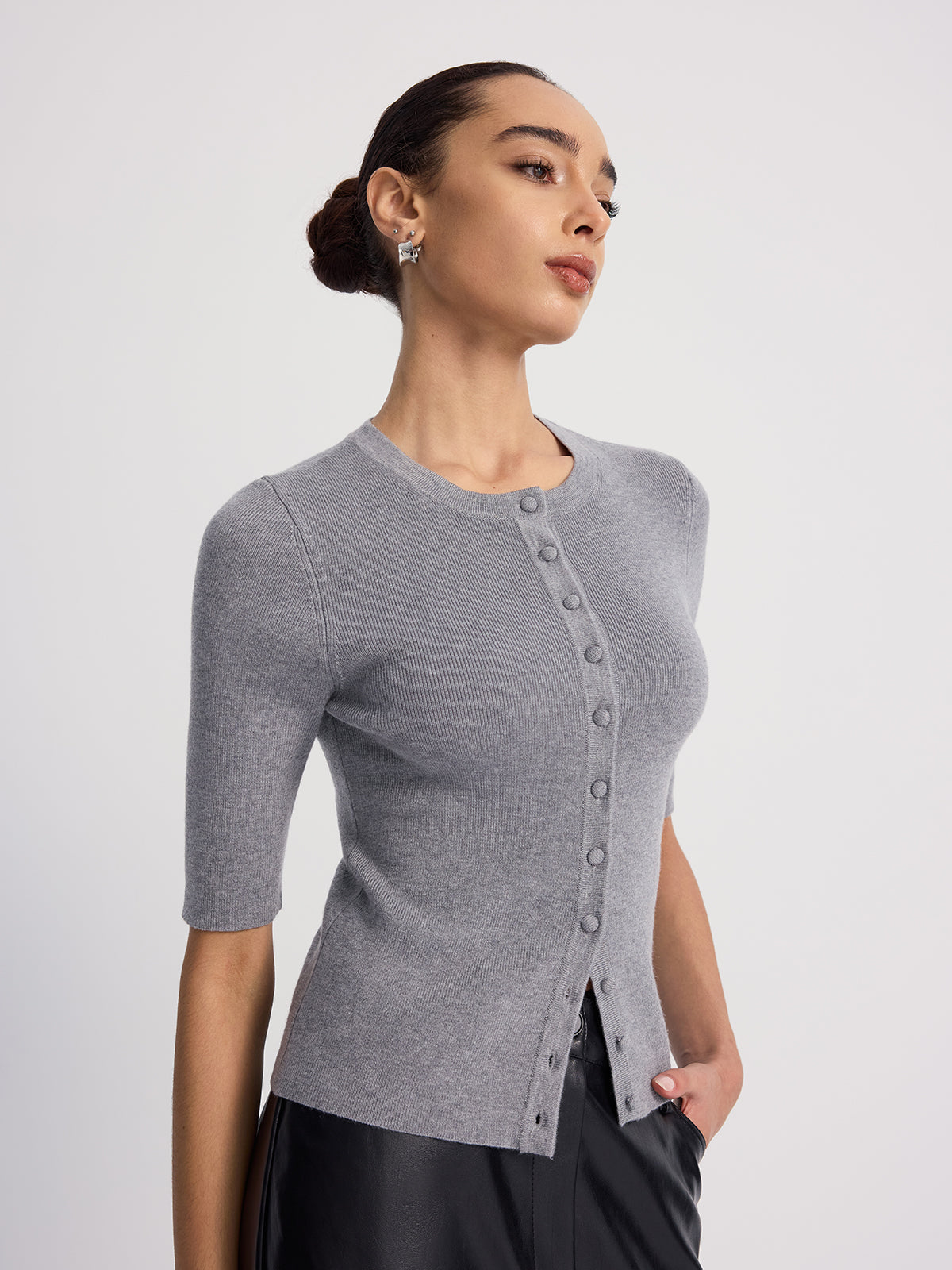 Ribbed Half-Sleeve Knit Top