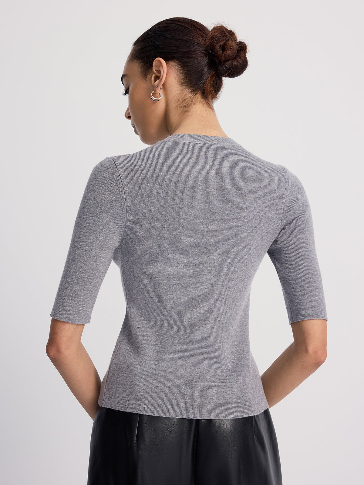 Ribbed Half-Sleeve Knit Top