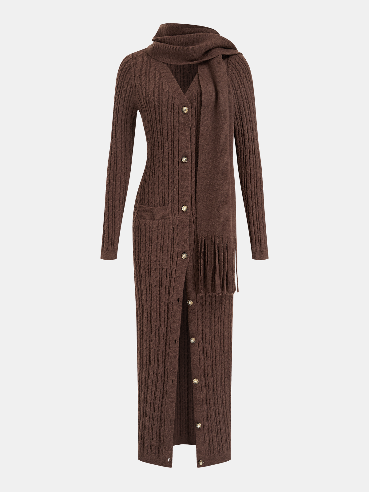 Cable-Knit Dress with Matching Fringe Scarf