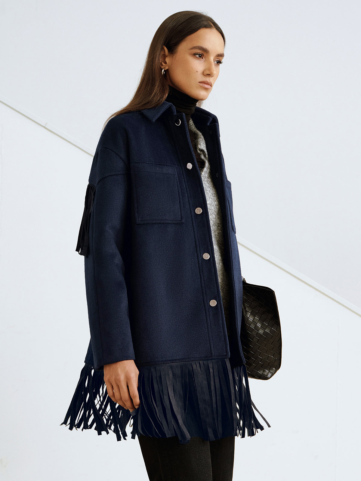 Fringe Detail Wool-Blend Collared Coat