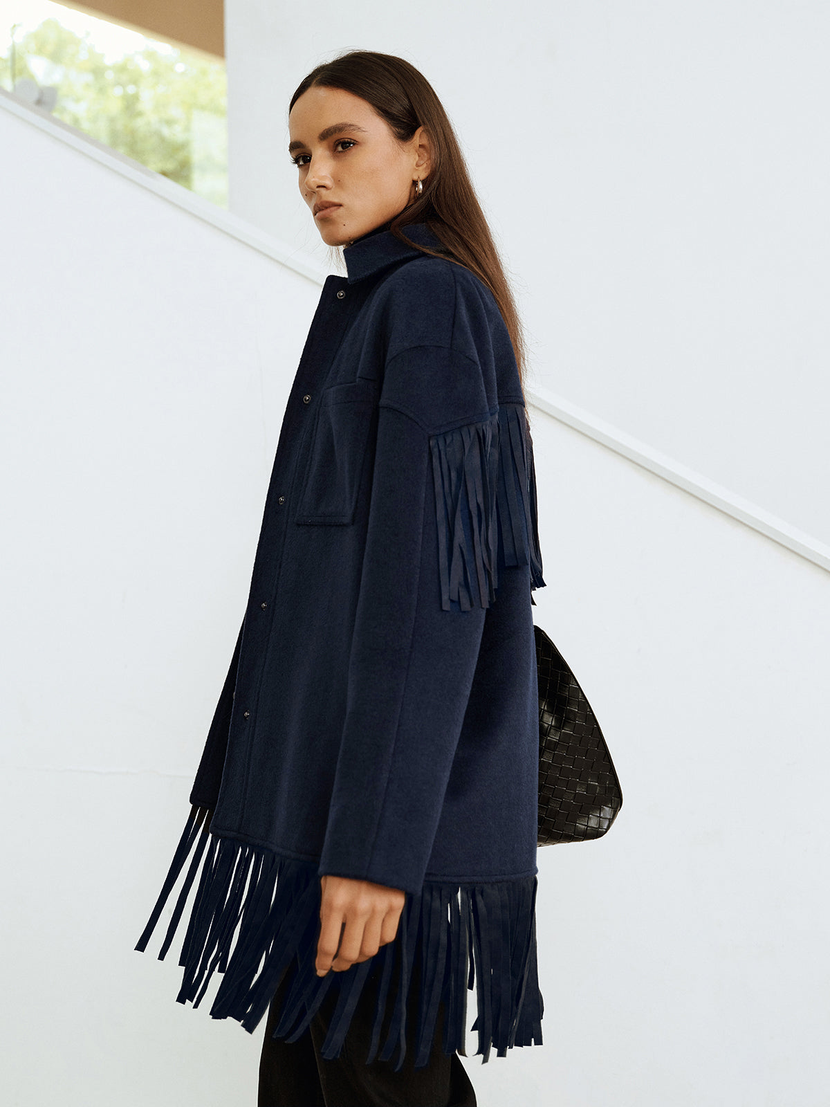 Fringe Detail Wool-Blend Collared Coat