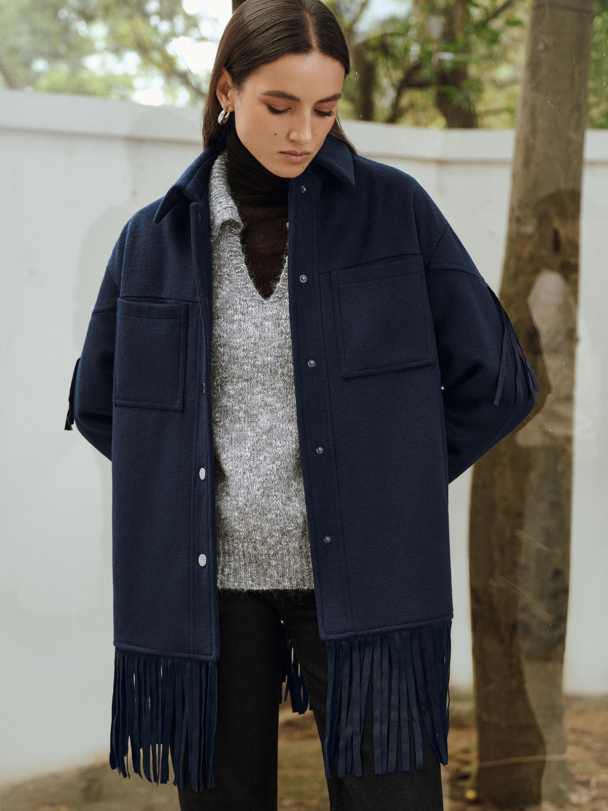 Fringe Detail Wool-Blend Collared Coat