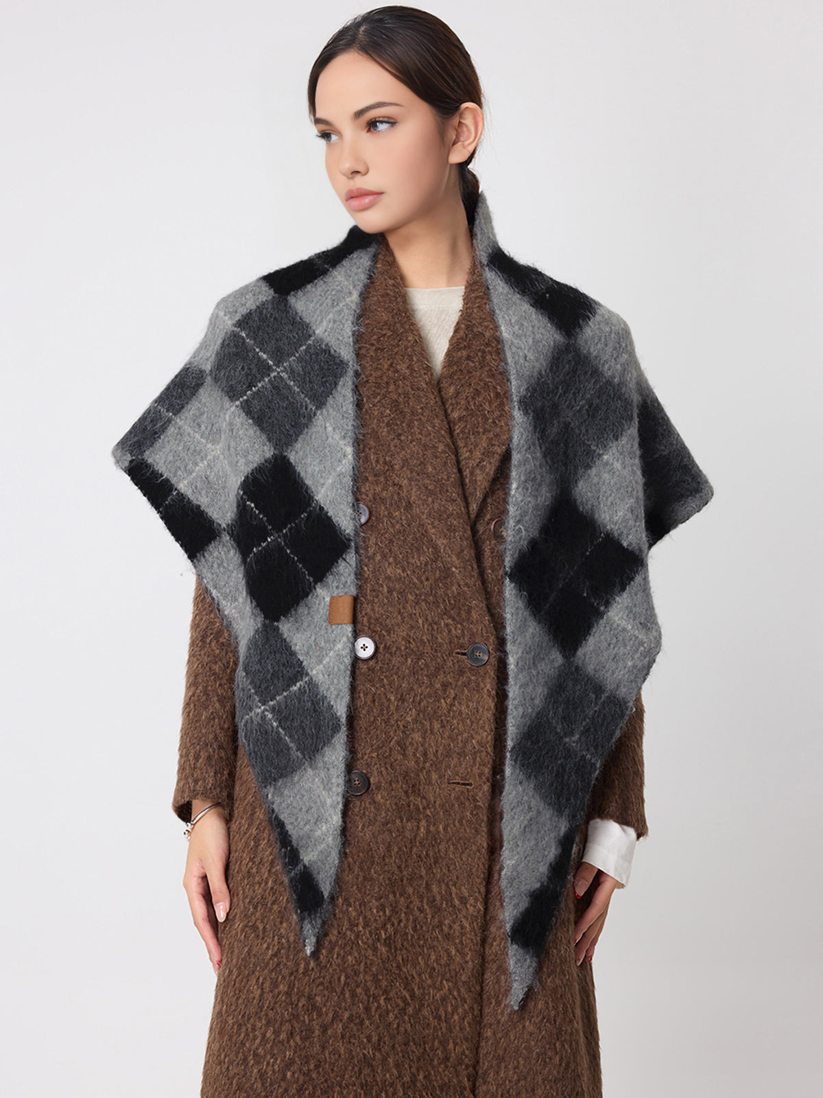 Wool Blend Plaid Knit Triangle Scarf