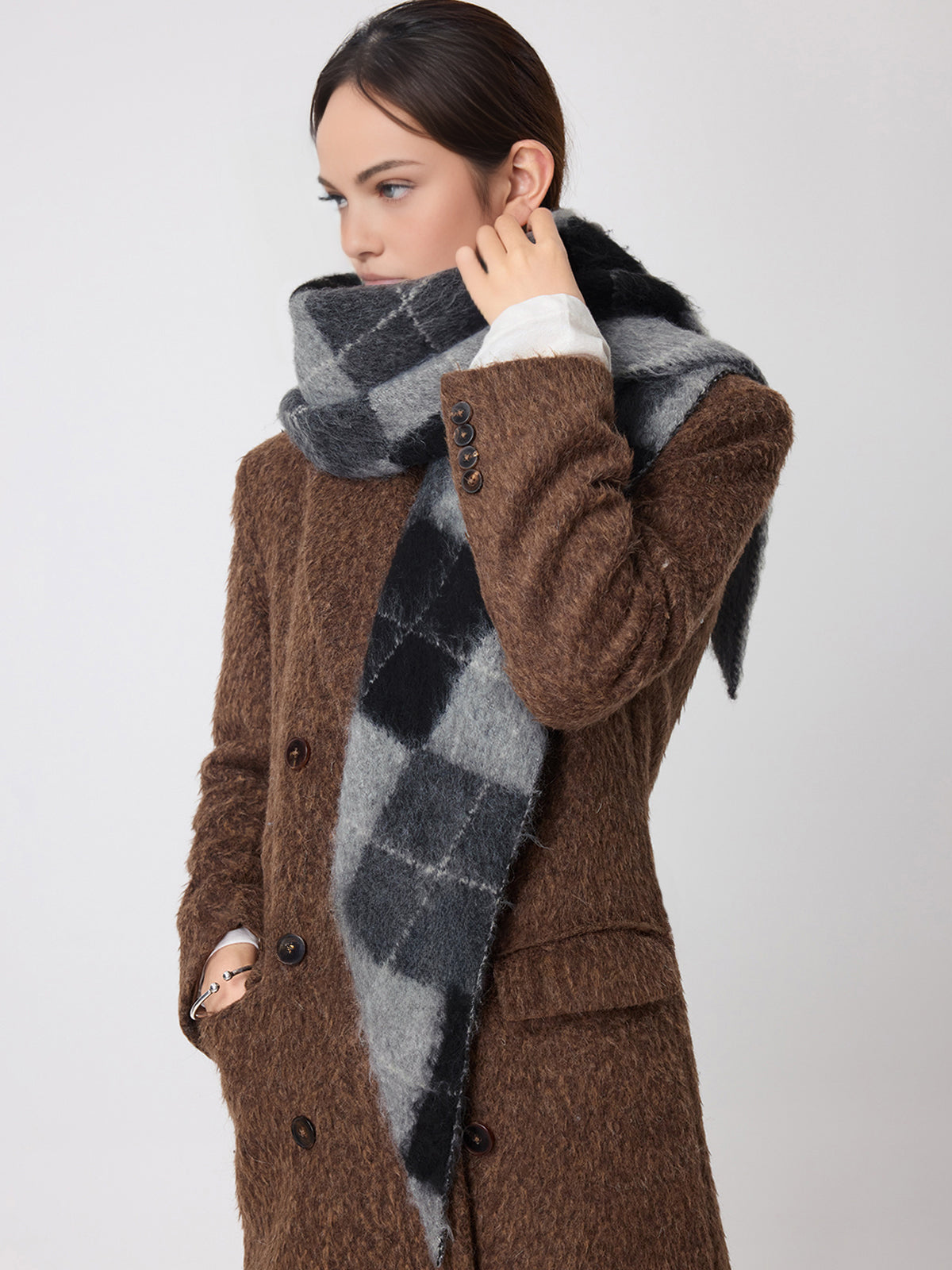 Wool Blend Plaid Knit Triangle Scarf