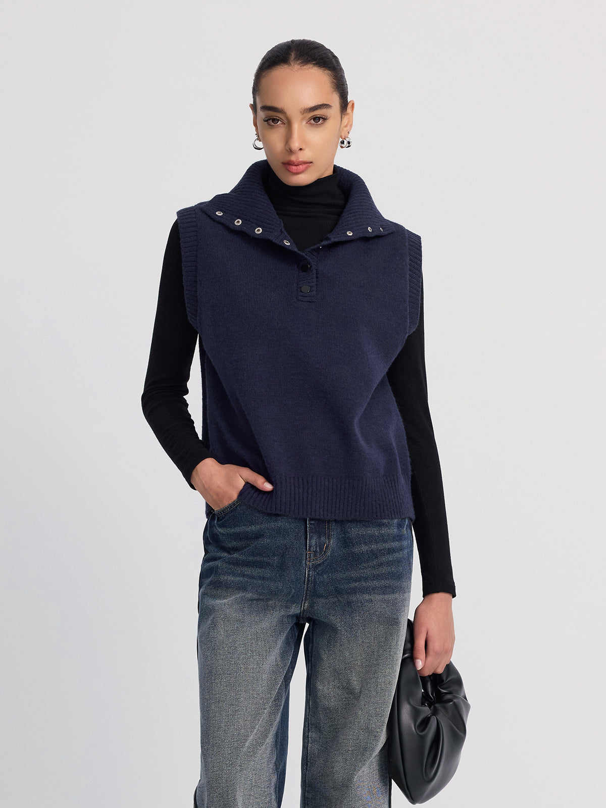 Button-Detail Collared Knit Vest